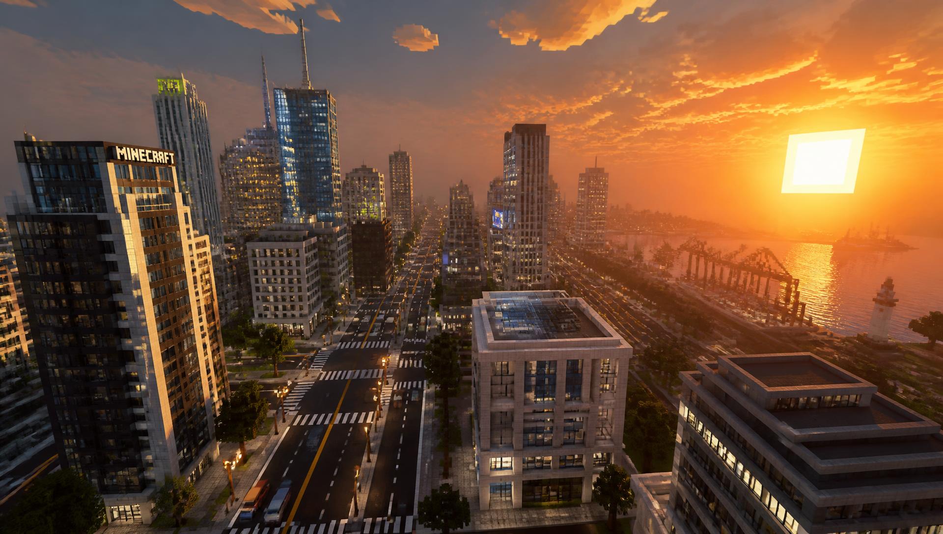 Uitzicht over de skyline van Veylora bij zonsondergang